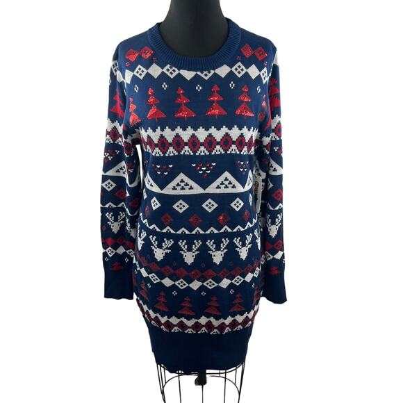 TIPSY ELVES Blue Red White Sweater Dress Knit Sequin Fair Isle Size Large L NEW - Picture 1 of 12